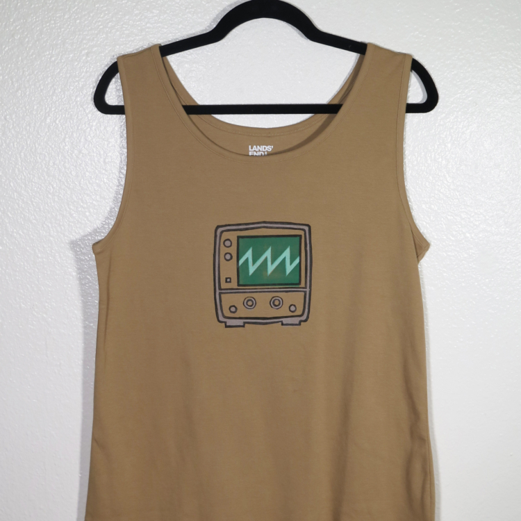 brown tank top on hanger hanging on a nail against a white wall. A block print of an oscilloscope displaying a sawtooth waveform is hand printed centered over the front chest area.