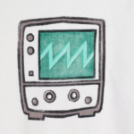 Very close view of a block print of an oscilloscope displaying a sawtooth waveform is hand printed centered over the front chest area.