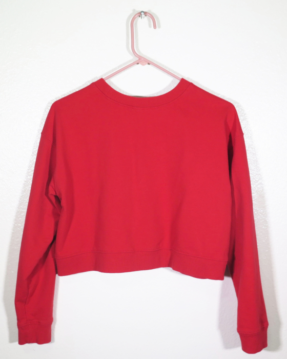 back of red sweatshirt on hanger hanging on a nail against a white wall.