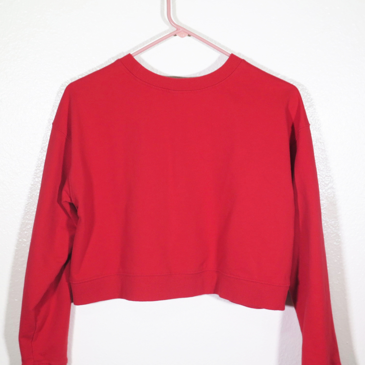 back of red sweatshirt on hanger hanging on a nail against a white wall.