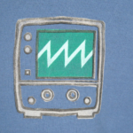 Close up of the block print of an oscilloscope with a sawtooth waveform displayed.